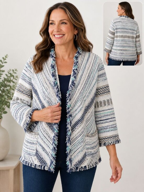 Nic & Zoe Sweaters - NIC+ZOE Women's Shake It Up jacket blue white striped textured knit fringe XL